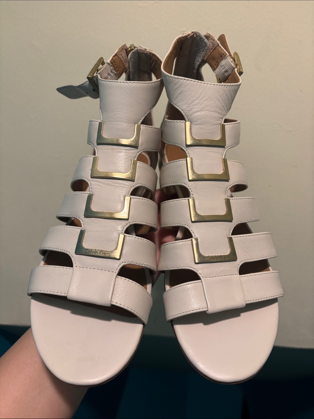 Calvin Klein Cream Strappy Gladiator Sandals with Gold Accents